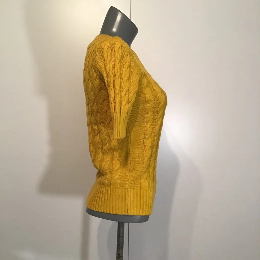 Banana Republic Short Sleeve Mustard Yellow Cable Knit Sweater  Size XS - Picture 3 of 9